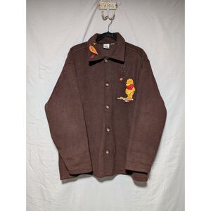 The Disney Store VTG Winnie The Pooh Brown Button Up Fleece Jacket Fall Leaves